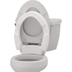 Nova Toilet Seat Riser Elongated Hinged. Image of the seat installed on a toilet.