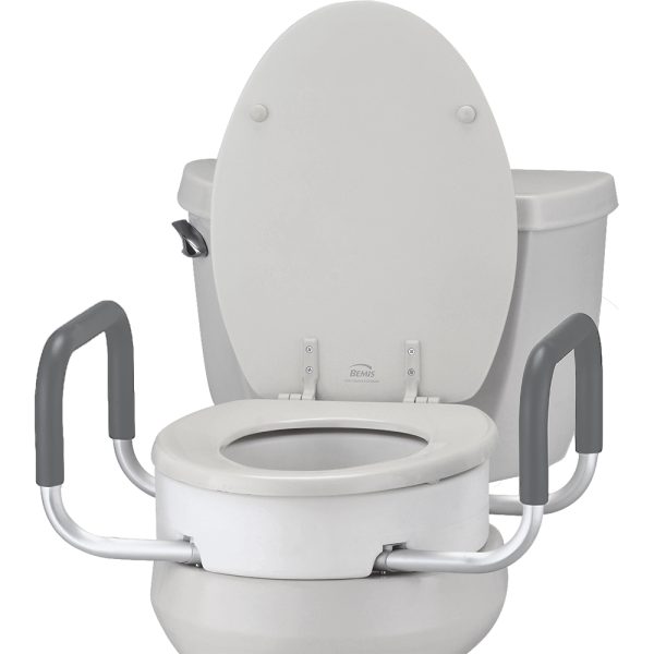 Nova Toilet Seat Riser Elongated with Arms. Image of the seat riser installed on a toilet.